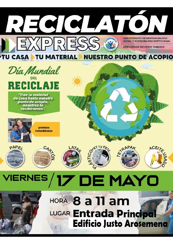 Mañana, viernes 17 de mayo, trae tus materiales de reciclaje a la entrada del edificio Justo Arosemena y participa de nuestra "Reciclatón Express". ¡Tendremos premios!